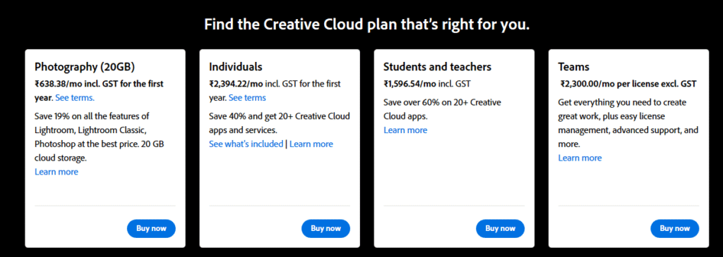 Adobe Creative Cloud Plans