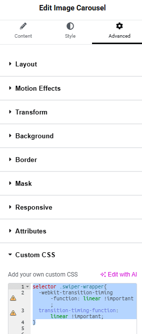 custom CSS area in elementor pro 