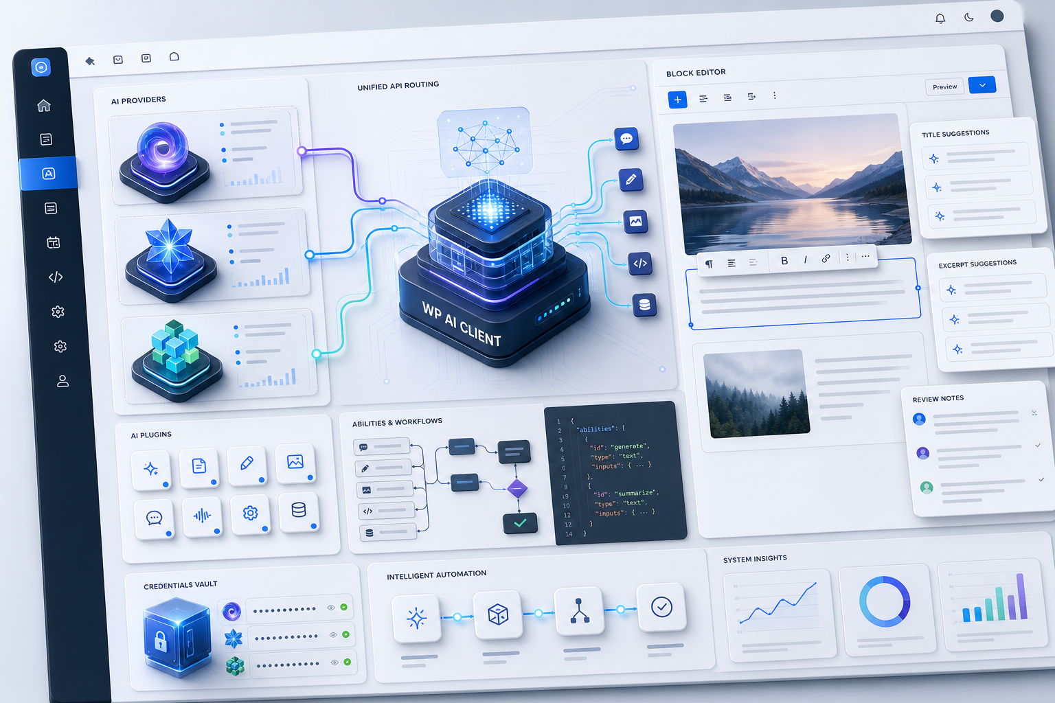 Dashboard for an AI client with providers, workflows, content editor, credentials vault, and system insights