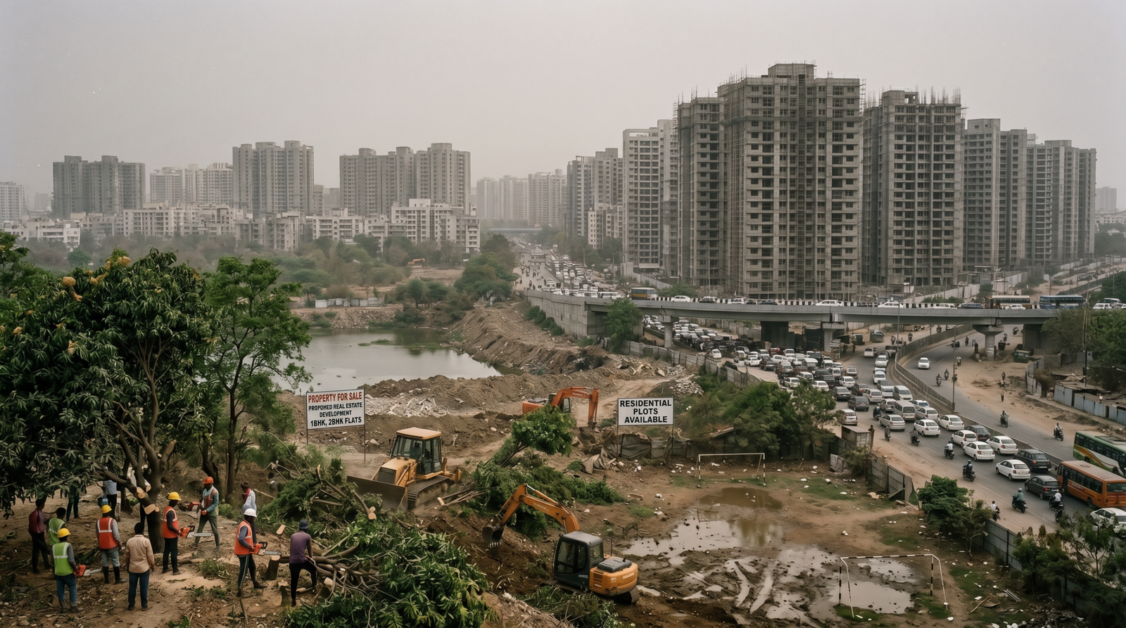 Construction clearing trees beside a busy highway in a dense apartment district